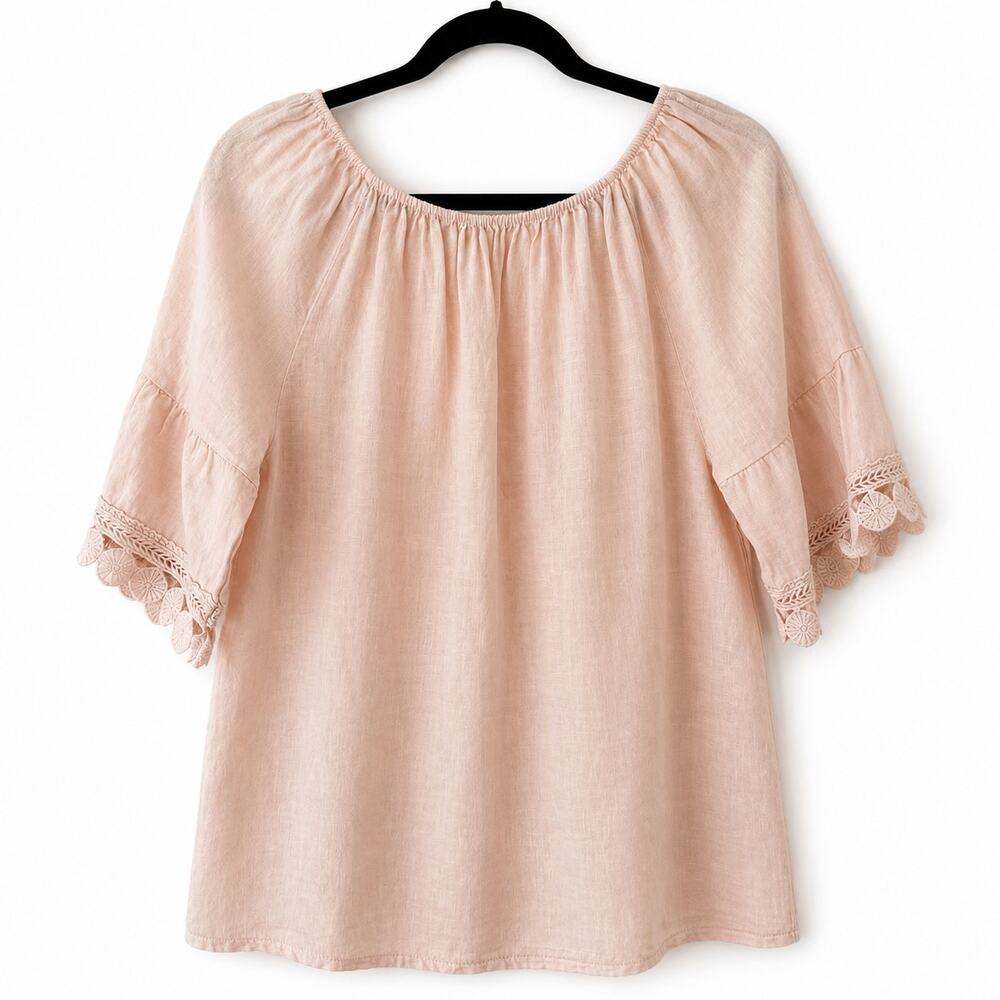 Terzo Millennio Italian Linen Top Blush Pink Off Shoulder Crochet Bell Sleeve M